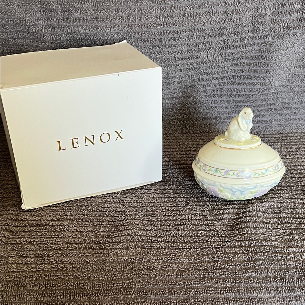 Lenox “The Rabbit Easter Egg” Porcelain Trinket Box wit Pastel Floral Band